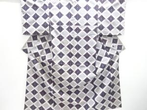 アンティーク　斜め格子に花模様織り出し手織り紬着物